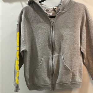 FREECITY Gray Zip-Up Hoodie with Yellow Sleeve Print